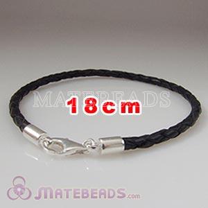 18cm black braided European leather bracelet sterling lobster clasp