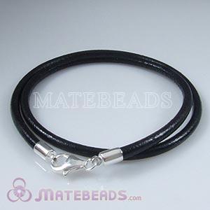 44cm black slippy European leather necklace sterling lobster clasp