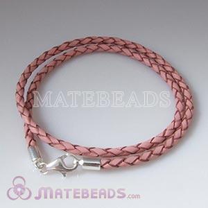 44cm pink braided European leather necklace sterling lobster clasp