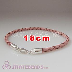 18cm pink braided European leather bracelet sterling lobster clasp