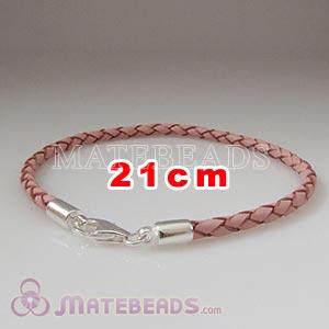 21cm pink braided European leather bracelet sterling lobster clasp