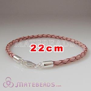 22cm pink braided European leather bracelet sterling lobster clasp