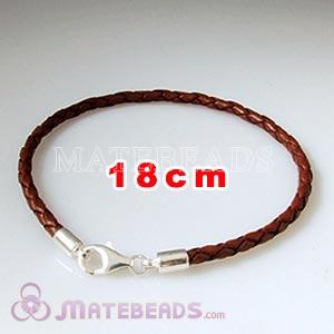 18cm brown braided European leather bracelet sterling lobster clasp