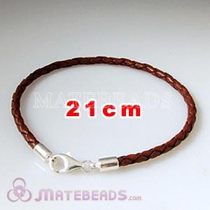 21cm brown braided European leather bracelet sterling lobster clasp