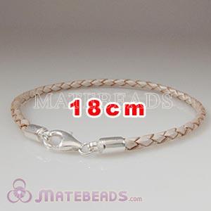 18cm white braided European leather bracelet sterling lobster clasp