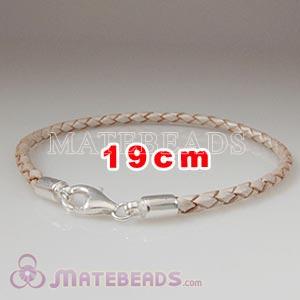 19cm white braided European leather bracelet sterling lobster clasp