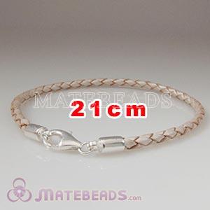 21cm white braided European leather bracelet sterling lobster clasp