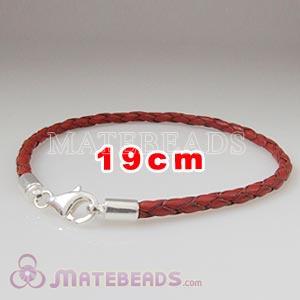 19cm red braided European leather bracelet sterling lobster clasp