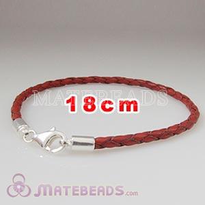 18cm red braided European leather bracelet sterling lobster clasp
