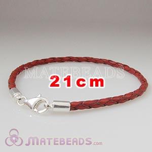 21cm red braided European leather bracelet sterling lobster clasp