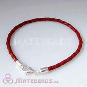 26cm red braided European leather bracelet sterling lobster clasp