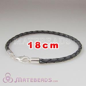 18cm gray braided European leather bracelet sterling lobster clasp