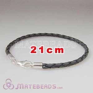 21cm gray braided European leather bracelet sterling lobster clasp