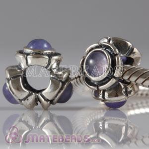 European silver triplet purple stone beads