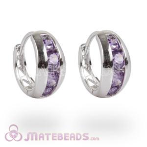 925 Sterling Silver Purple CZ Huggie Hoop Earrings