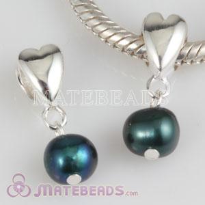Sterling Silver Heart Bead Dangle 6mm Peacock blue Freshwater Pearl Charms
