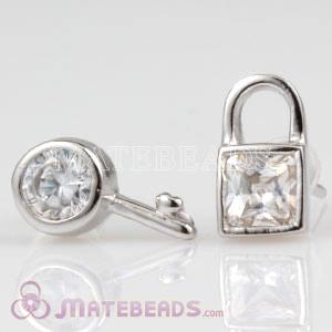 925 Sterling Silver Fashion Key and Lock with CZ Stud Earrings