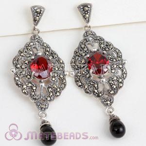 Thai Sterling Silver inlay Red CZ Stone Marcasite Earrings Dangle Black Agate