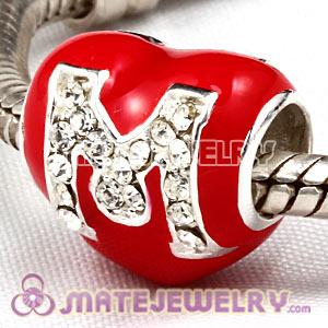Wholesale European Sterling Silver Enamel Heart Pave M Charm Bead With Austrian Crystal 