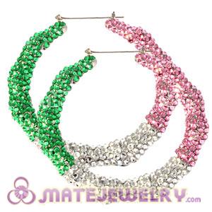 85mm Basketball Wives Bamboo AKA Style Clear Pink And Green Crystal Hoop Earrings
