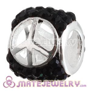 925 Sterling Silver Peace Sign Beads With Black Austrian Crystal 