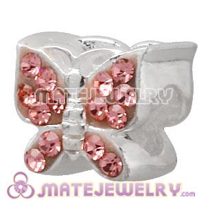 925 Sterling Silver Butterfly Charm Beads With Pink Austrian Crystal 