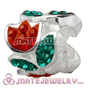925 Sterling Silver Tulip Charm Beads With Red Austrian Crystal 
