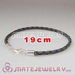 19cm gray braided European leather bracelet sterling lobster clasp