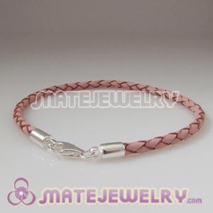 26cm pink braided European leather bracelet sterling lobster clasp