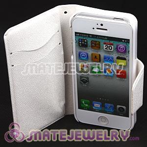 White Lichee Pattern Credit ID Card Flip Leather Wallet Case For iPhone5 