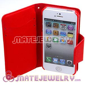 Red Lichee Pattern Credit ID Card Flip Leather Wallet Case For iPhone5 