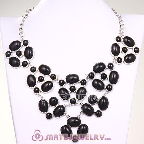 Silver Chain Retro Style Ellipse Black Resin Gemstone Choker Bib Collar Necklace