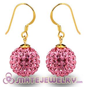 Cheap 12mm Pave Pink Czech Crystal Ball Gold Plated Silver Hook Earrings 