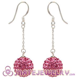 Cheap 12mm Pave Pink Czech Crystal Ball Sterling Silver Dangle Earrings 