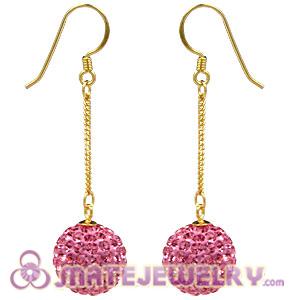 Cheap 12mm Pave Pink Czech Crystal Ball Gold Plated Silver Dangle Earrings 