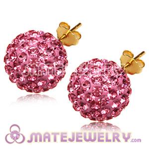 12mm Gold Plated Silver Pave Pink Czech Crystal Ball Stud Earrings 
