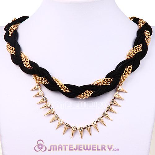 Wholesale Gold Chain Black Braided Leather Collar Necklace With Crystal And Rivet