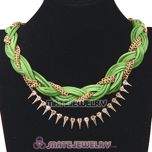 Wholesale Gold Chain Green Braided Leather Collar Necklace With Crystal And Rivet