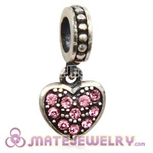 Sterling Silver European Light Rose Pave Heart Dangle With Light Rose Austrian Crystal