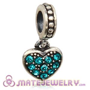 Sterling Silver European Blue Pave Heart Dangle With Blue Austrian Crystal
