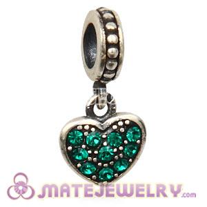 Sterling Silver European Emerald Pave Heart Dangle With Emerald Austrian Crystal