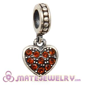 Sterling European Smoked Topaz Pave Heart Dangle With Smoked Topaz Austrian Crystal