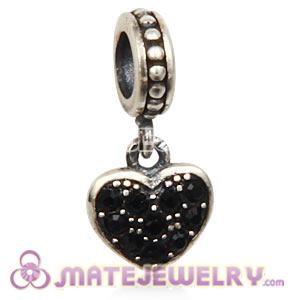 Sterling European Jet Pave Heart Dangle With Jet Austrian Crystal
