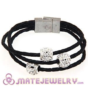19CM Black Braided Leather Crystal Bracelets Magnetic Clasp