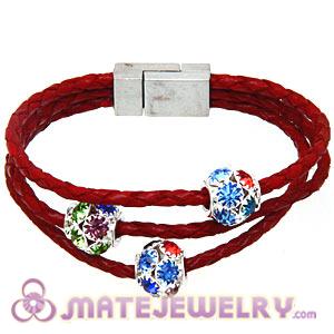 19CM Red Braided Leather Crystal Bracelets Magnetic Clasp