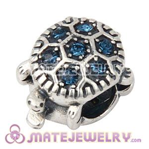 925 Sterling Silver European Turtle Charm Bead With Montana Austrian Crystal