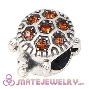 925 Sterling Silver European Turtle Charm Bead With Smoked Topaz Austrian Crystal