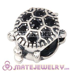 925 Sterling Silver European Turtle Charm Bead With Jet Austrian Crystal