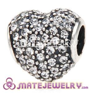 European Sterling Silver Clear Pave Heart With Clear Austrian Crystal Charm