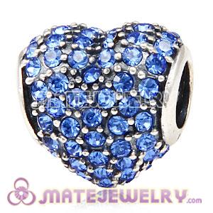 European Sterling Silver Sapphire Pave Heart With Sapphire Austrian Crystal Charm